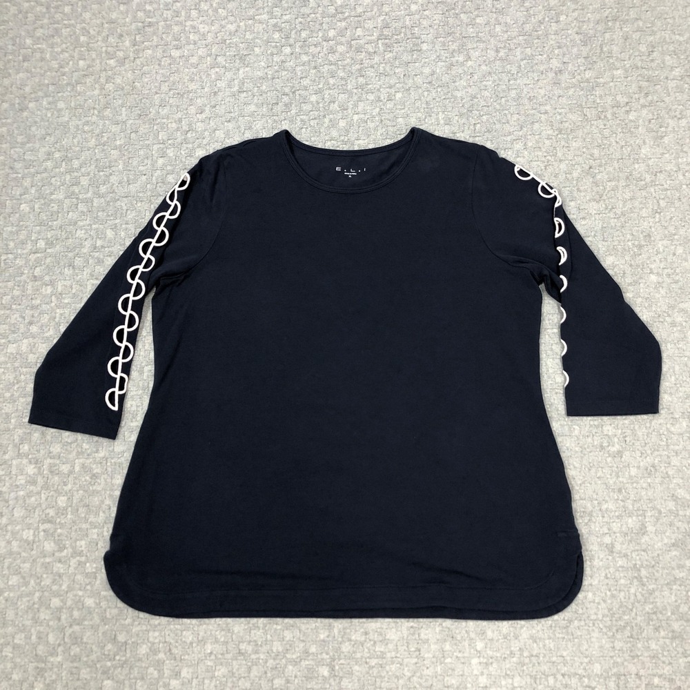 E.L.I Shirt Womens XL Navy Blue 3/4 Sleeve Loop Trim Pima Cotton Jersey Stretch